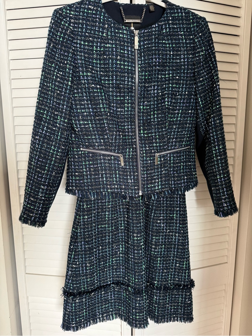 Brand-New Ted Baker Navy Multicolor Tweed Zip-Front Jacket and Dress